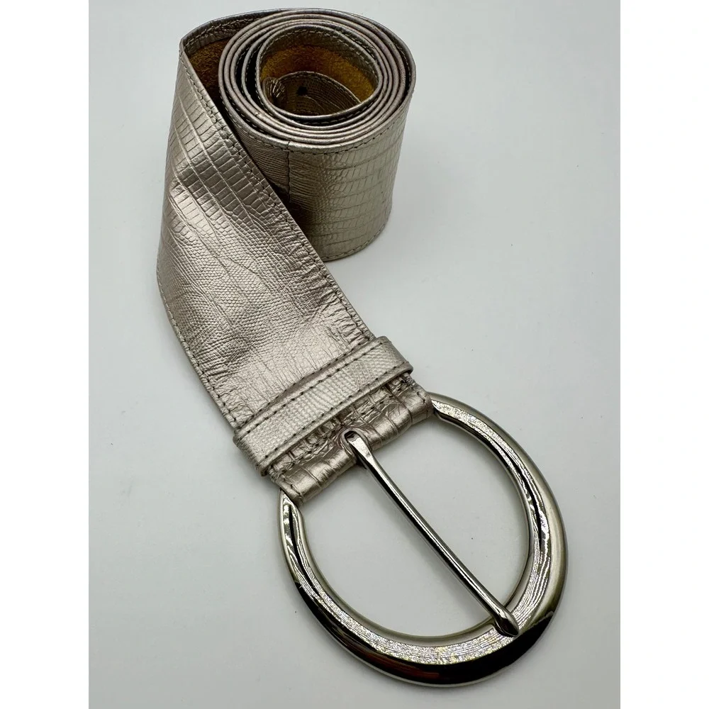 Chico's Wide Waist Belt Womens Lg Silver Metallic Lizard Embossed Round Buckle